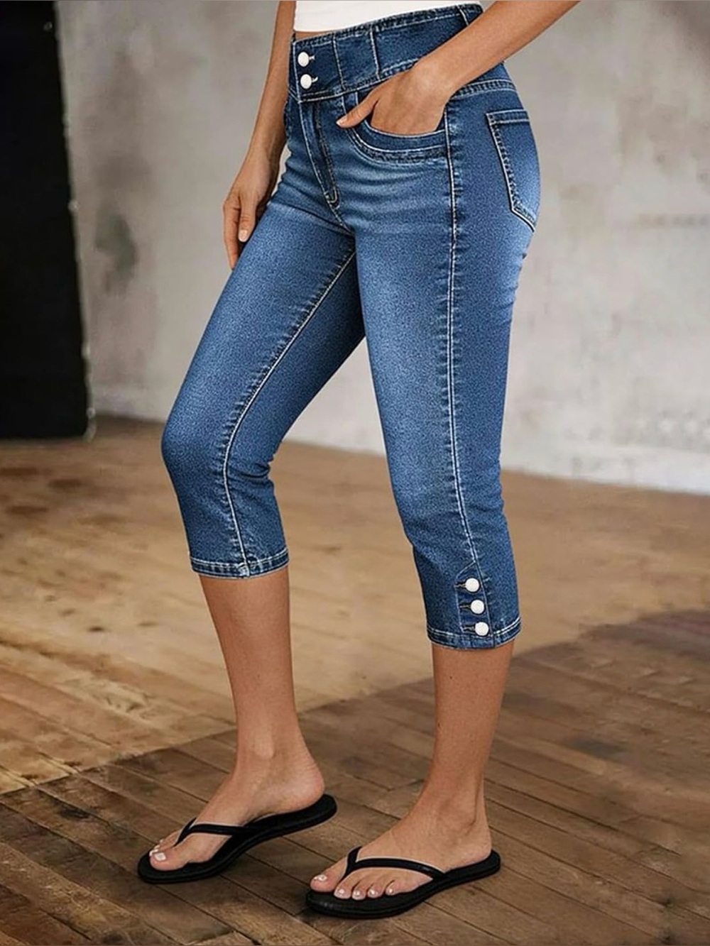 Flamingals Mid Rise Capri Skinny Elastic Wash Button Hem Jeans 3XL PS8-8